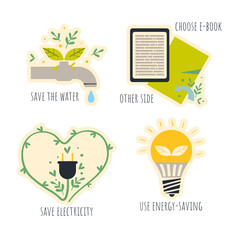 A set of stickers about environmental protection. Vector illustration.