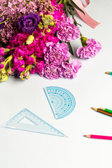 Back to school flower bouquet and pencils and protractor