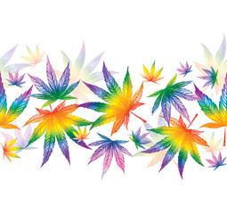 Fototapeta na wymiar Pattern with a border of multicolored cannabis leaves on a white background. Watercolor illustration.