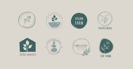 Collection of delicate hand drawn logos and icons of organic food, farm fresh and natural products, elements collection for food market, organic products promotion, healthy life and premium quality