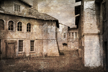 Fototapeta na wymiar Wooden scenery of the old city for filming feature films. Photo processed under olden time