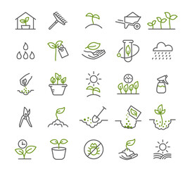 Set of icons. Growing seedlings plant shoots. Agriculture and agronomist. Biotechnology plants and flasks. Vector contour line.