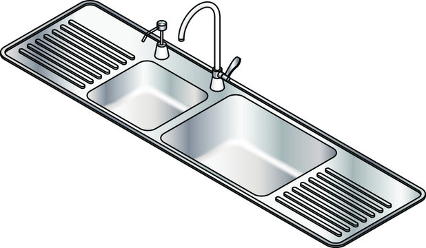 A twin bowl stainless steel kitchen sink with a swivel mixer tap and detergent dispenser.