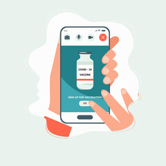 A Vector illustration of the online application for covid-19 vaccination. Person tapping with finger OK-box to sign up for vaccine shot. Time to vaccinate illustration perfect for web design, banner, 