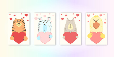 Cute cartoon animal holds a heart sign with copy space. set valentine's day greeting card banner invitation flyer brochure. cartoon hand drawn style. Little animals pets in love, declaration of love