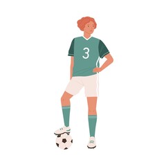Young female football or soccer player standing with caught ball under her foot. Woman wearing green sports outfit, boots and stockings. Colored flat vector illustration isolated on white background