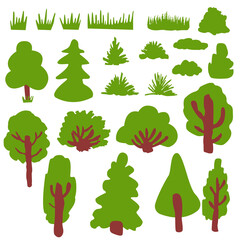 Collection with green deciduous tree, fir trees, bushes and grass. Various shapes. Shrub sculpture. Brown trunk and branches. Graphic elements. Cartoon style. Nature and ecology. Park, forest, garden © Куприянова Ксения
