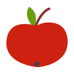 Red apple isolated on white background. Green leaf. Brown peduncle. Cartoon style. Autumn harvesting time. Vegan or vegetarian. Healthy lifestyle. Nature and ecology. Agriculture and gardening