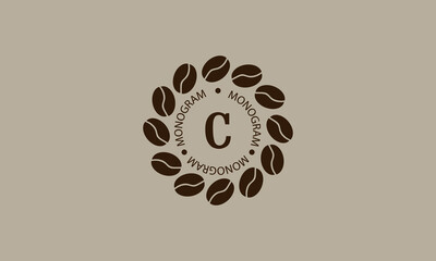 Coffee shop, vector logo on a light brown background. Creative vector sign, illustration of emblem with letter C. Minimalistic monogram on coffee background.