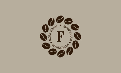 Coffee shop, vector logo on a light brown background. Creative vector sign, illustration of emblem with letter F. Minimalistic monogram on coffee background.