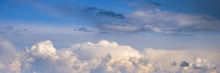Clouds in the overcast sky view. Climate, environment and weather concept sky background.