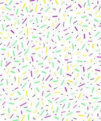 Colorful wrapping paper minimal design vector. Geometric festive confetti icons pattern background. Light green, violet, yellow and black color decorative pattern design