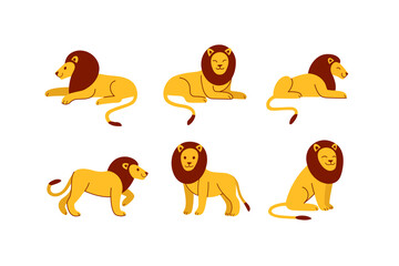 Cartoon lion icon set. Different type of wild cat. Vector illustration for prints, clothing, packaging, stickers.