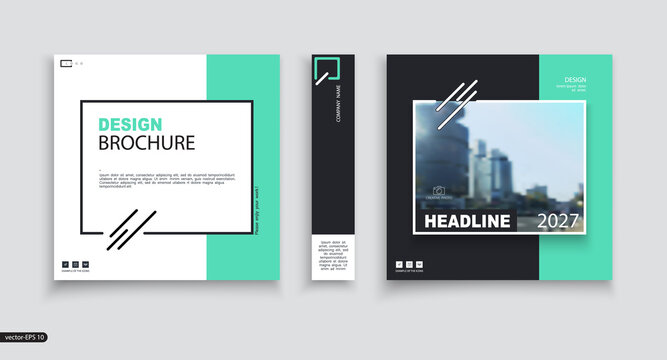 Abstract patch business cover design, brochure template. Cover set. Design of green and black geometric frames and quotes, booklet layout. Urban city, logo. Annual report, title. Ad text, company name