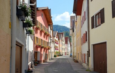 Fototapeta na wymiar historic fairy tale street in the village of fussen in germany during lockdown because of coronavirus