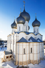 View of the Assumption Cathedral in the Rostov Kremlin in winter. Rostov the Great. Russia