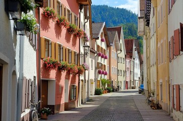 historic fairy tale street in the village of fussen in germany during lockdown because of...