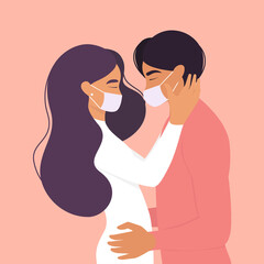Vector illustration of a couple in love in medical masks on a pink background