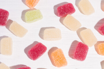 Macro photo of multi-colored marmalade jelly candy's. The sweetness of jelly candy. Different marmalade colorful fruit jelly sugar candies.