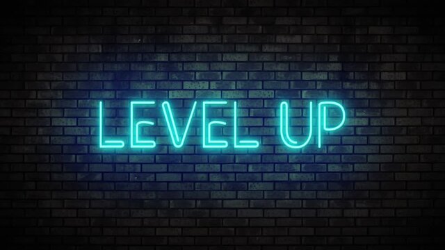 Neon level up on brick wall. Night Club Bar Blinking Neon Sign. Motion Animation. Video available in 4K FullHD and HD render footage.