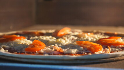 View of tasty pizza with tomato and cheese is baking in electric oven at cuisine restaurant. Mozzarella melting in furnace on the high temperature. Process of preparing food. Close up