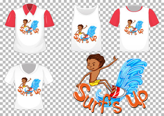 A boy surfing cartoon character design for t-shirt isolated on transparent background