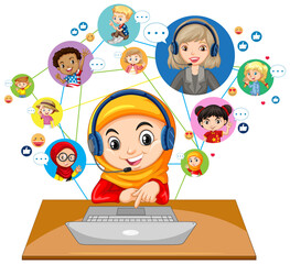 Front view of a muslim girl using laptop for communicate video conference with teacher and friends on white background