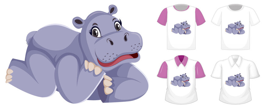 Hippopotamus in laying position cartoon character with many types of shirts on white background