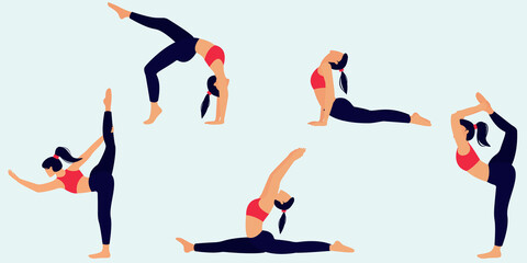 Fototapeta na wymiar Set of 5 physical exercises. The girl performs physical exercises that are ideal for any purpose. Sports exercises, fitness training. Fitness and wellness. A healthy way of life. Vector illustration 