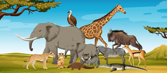Gruppe wilder afrikanischer Tiere in der Waldszene © blueringmedia