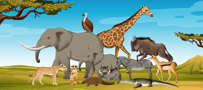 Group of wild african animal in the forest scene © blueringmedia