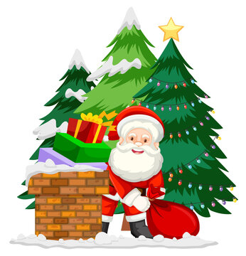 Santa in chimney with many gifts on white background