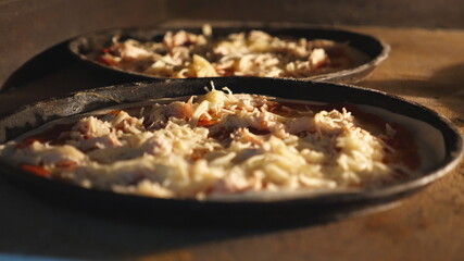 Delicious pita bread with cheese is baking in electric oven at kitchen restaurant. Mozzarella, cheddar and parmesan melting in furnace on the high temperature. Process of preparing lavash. Close up