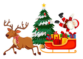 Santa Claus with many gifts on a sleigh with reindeer on white background