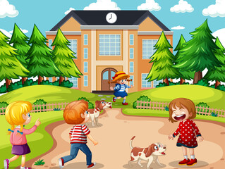 Outdoor scene with many children playing in front of the house