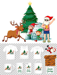 Obraz na płótnie Canvas Santa Claus dancing cartoon character with set of different clothes and accessories products on transparent background