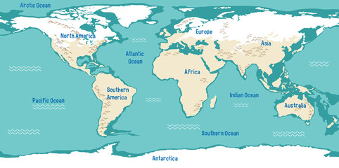 World map with continents names and oceans © blueringmedia