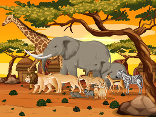 Gruppe wilder afrikanischer Tiere in der Waldszene © blueringmedia