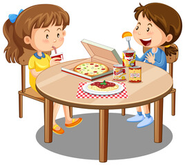 Two cute girl enjoy eating with food on the table on white background