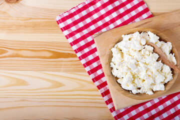 Fresh Cottage Cheese On Wooden Background, Close Up