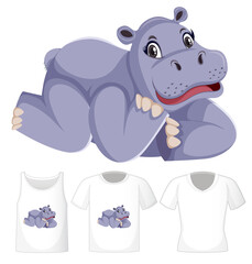 Obraz premium Hippopotamus in laying position cartoon character with many types of shirts on white background