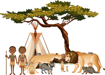 Afrikanischer Stamm mit einer Gruppe wilder afrikanischer Tiere auf weißem Hintergrund © blueringmedia