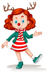 Girl wearing reindeer headband and red nose Christmas costume