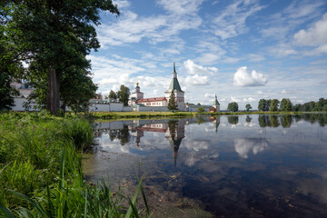 Fototapeta na wymiar View on Valday Iversky Monastery on a sunny summer morning. Lake Valdayskoye in Valdaysky District of Novgorod Oblast, Russia. August 2020.