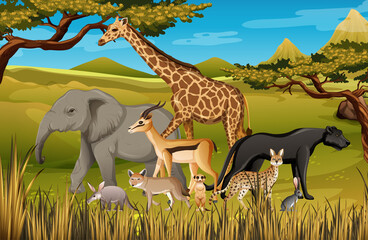 Gruppe wilder afrikanischer Tiere in der Waldszene © blueringmedia