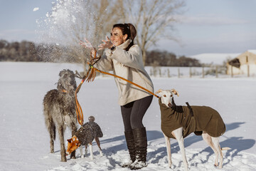 Frau mit Hunden im Schnee