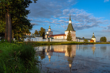 View on Valday Iversky Monastery on a sunny summer morning. Lake Valdayskoye in Valdaysky District of Novgorod Oblast, Russia. August 2020.