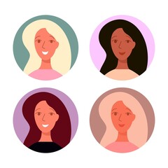 Female avatars with stylish hairstyle vector icons. Smiling faces brunettes and blondes with luxurious hair.