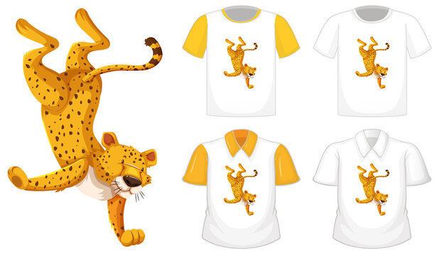 Leopard in dancing position cartoon character with many types of shirts on white background