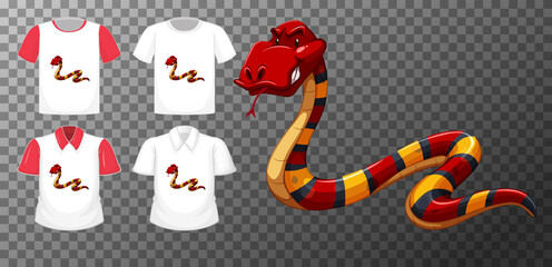 Red snake cartoon character with many types of shirts on transparent background